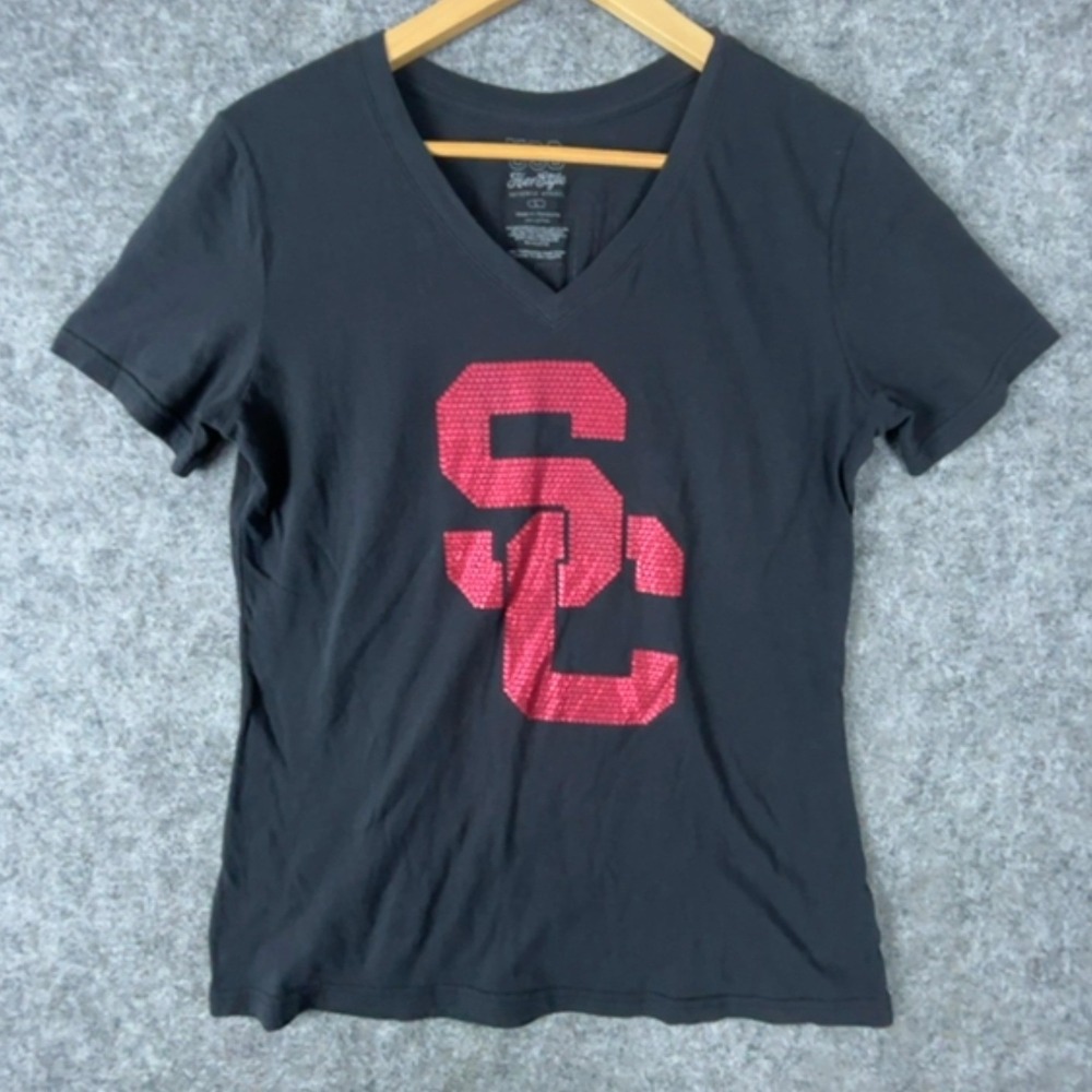 USC HerStyle T-Shirt Women Large Black Sequin SC Fight On V-Neck Cotton Tee